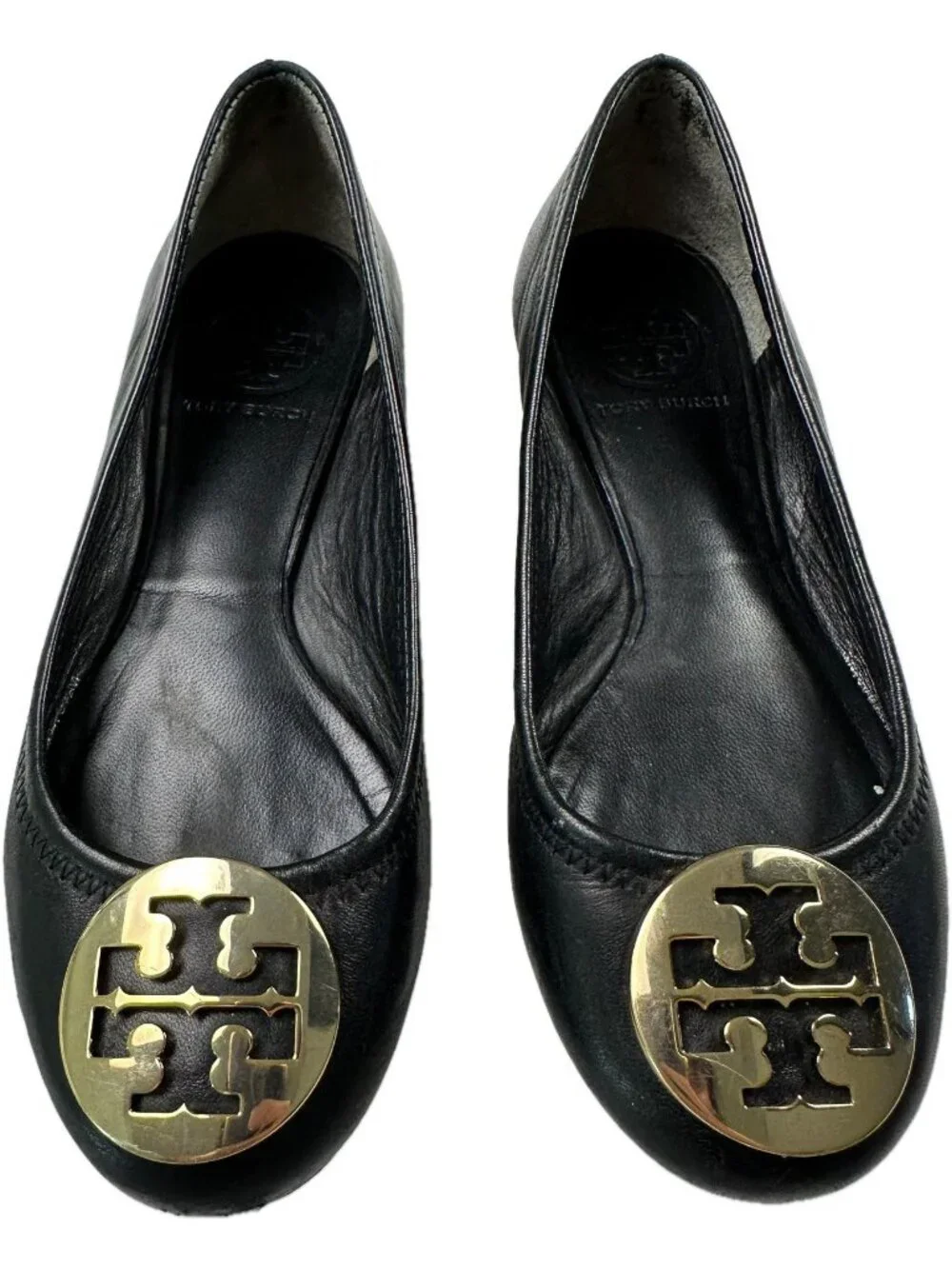 Tory Burch Black Leather Travel Ballet Flats Gold Logo 5.5 M